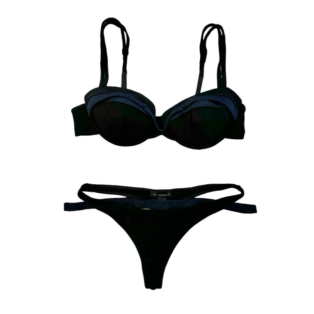KIKI DE MONTPARNASSE BLACK & NAVY SILK BRA & THONG LINGERIE SET NWOT